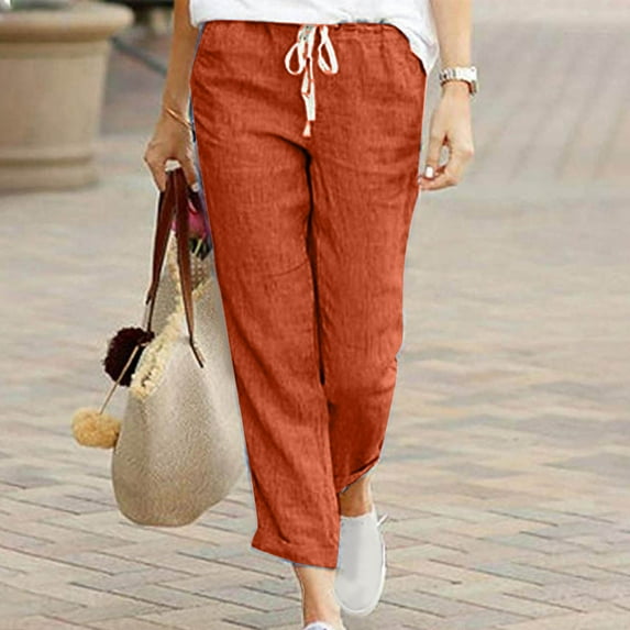 up to 60% off Gifts Usmixi Womens Cropped Trousers Casual Solid Breathable Cotton Linen Plus Size Long Pants Drawstring Elastic Waist Loose Straight Pants with Pocket Orange XXXL