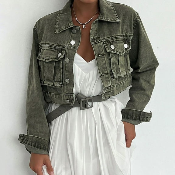 up to 60% off Gifts Usmixi Womens Denim Jacket Cropped Jean Coats for Women Fashion Button Down Lapel Cargo Denim Coats Long Sleeve Solid Comfy Stretchy Jean Outwear Winter Denim Jacket