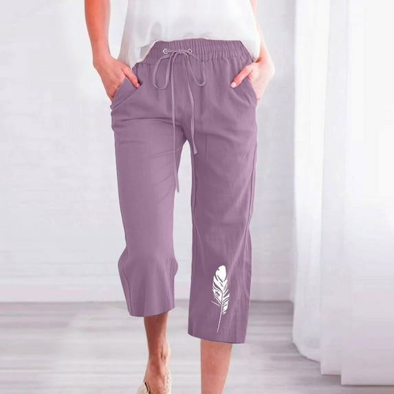 up to 60% off Gifts Usmixi Womens Drawstring Elastic Waist Cropped Pants Vintage Feather Print Plus Size Cotton Linen Trousers Casual Loose Wide Leg 3/4 Pants with Pocket Purple l