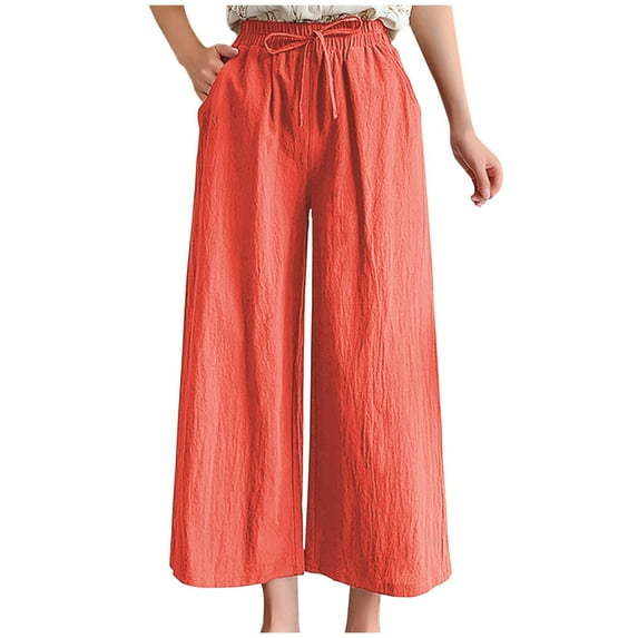 up to 60% off Gifts Usmixi Womens Drawstring Elastic Waist Pants Casual Solid Loose Wide Leg Cropped Trousers Soft Cotton Linen Straight Pocket Pants Red l