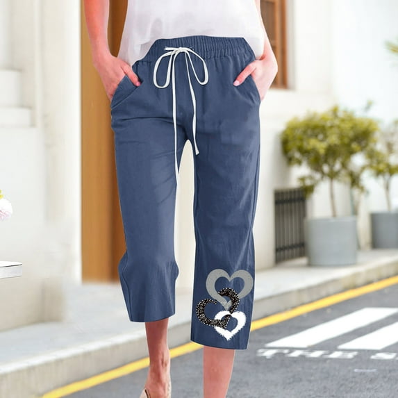 Gifts Usmixi Womens Drawstring Elastic Waist Pants Plus Size Loose Straight 3/4 Trousers Casual Cotton Linen Heart Print Capris Pants with Pocket Navy XXXL