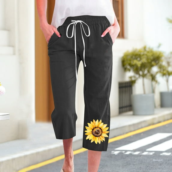 up to 60% off Gifts Usmixi Womens Drawstring Elastic Waist Pants Plus Size Loose Straight 3/4 Trousers Fashion Cotton Linen Sunflower Print Capris Pants with Pocket Black m