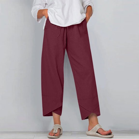 up to 60% off Gifts Usmixi Womens Drawstring Elastic Waist Trousers Casual Solid Cotton Linen Comfy Long Pants Plus Size Irregular Straight Pocket Pants Wine XL