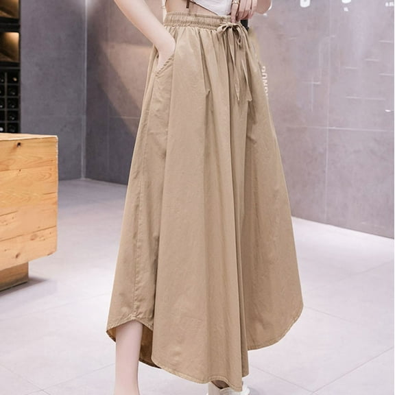 up to 60% off Gifts Usmixi Womens Drawstring Trousers Fashion Loose Irregular Wide Leg High Waist Long Pants Casual Solid Pocket Pants with Drawstring Khaki Free Size