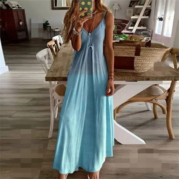 up to 60% off Gifts Usmixi Womens Dresses Fashion High Waist Plus Size Swing Spaghetti Strap Long Dresses Fashion Gradient V-Neck Sleeveless Maxi Summer Dress Sky Blue XXXXXL