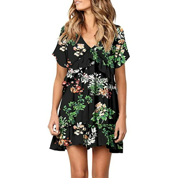 up to 60% off Gifts Usmixi Womens Dresses High Waist Beach Ruffle Swing Tunic A Line Short Dresses Fashion Floral Print V-Neck Short Sleeve Mini Summer Dress Green l