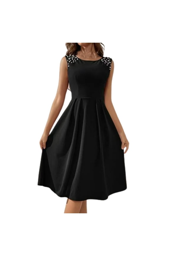up to 60% off Gifts Usmixi Womens Dresses Loose Swing Rhinestones Design Cocktail Party Prom Tank Dresses Sleeveless Round Neck Solid Midi Summer Dress Black L Up to 65% off