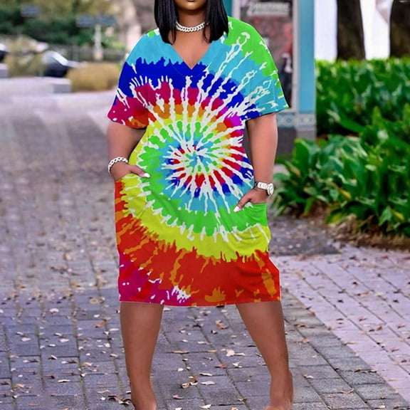up to 60% off Gifts Usmixi Womens Dresses Plus Size Pocket Swing Hem Tunic Midi Sun Dresses Casual Tie-Dye V-Neck Short Sleeve Knee-Length Summer Dress Green l
