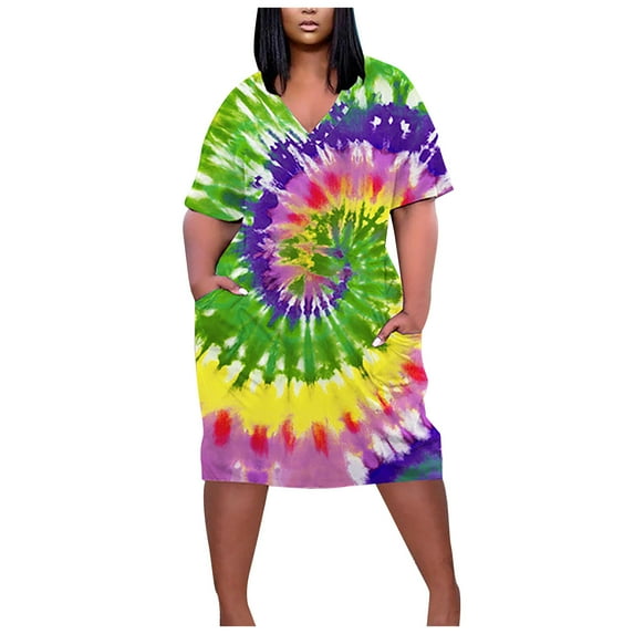 up to 60% off Gifts Usmixi Womens Dresses Plus Size Pocket Swing Hem Tunic Tshirt Knee-Length Sun Dresses Casual Tie-Dye V-Neck Short Sleeve Midi Summer Dress Green xl Under $5