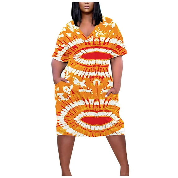 up to 60% off Gifts Usmixi Womens Dresses Plus Size Pocket Swing Hem Tunic Tshirt Knee-Length Sun Dresses Casual Tie-Dye V-Neck Short Sleeve Midi Summer Dress Orange l Under $5