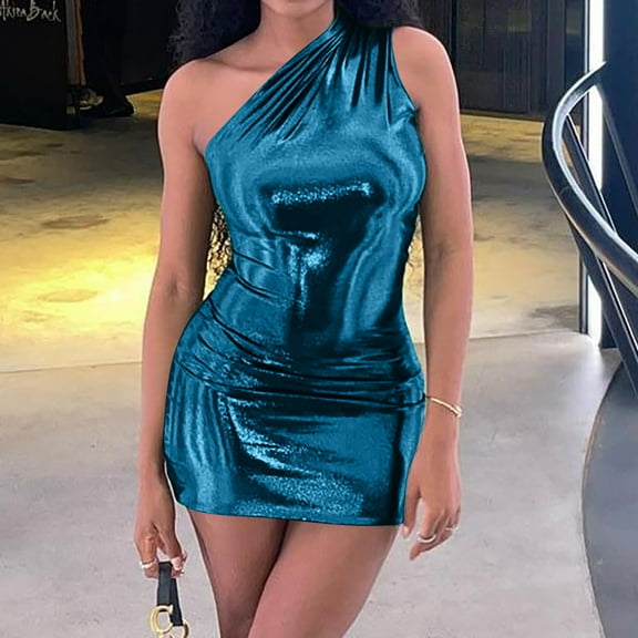 up to 60% off Gifts Usmixi Womens Dresses Sleeveless Slash Neck Solid Mini Summer Dress Night Club Party Bodycon Dresses Sequin One Shoulder Dresses Blue Up to 65% off