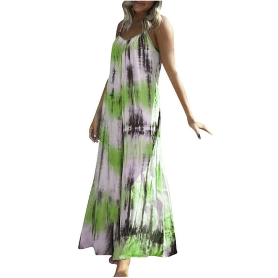 up to 60% off Gifts Usmixi Womens Dresses Sleeveless V-Neck Tie-Dye Casual Maxi Summer Dress Beach Vacation Spaghetti Strap Plus Size Long Dresses Green XL Up to 65% off