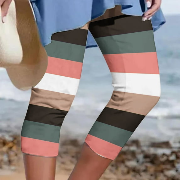 up to 60% off Gifts Usmixi Womens Elastic Waist Cropped Pants Summer Fashion Striped Print Plus Size Trousers Beach Comfy Lightweight 3/4 Pants Multicolor XXXL