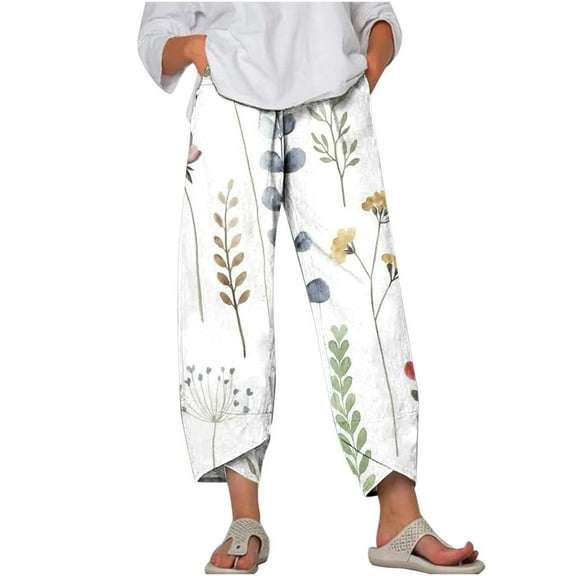 up to 60% off Gifts Usmixi Womens Elastic Waist Pants Fashion Cotton Linen Daisy Print Plus Size Trousers Loose Irregular Straight Leisure Long Pants with Pocket White m