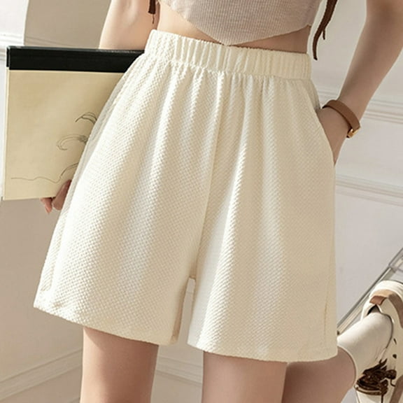 up to 60% off Gifts Usmixi Womens Elastic Waist Shorts Casual Solid Knitted Stretchy Cotton Short Pants Summer Loose Straight Leisure Shorts with Pocket Beige XXL