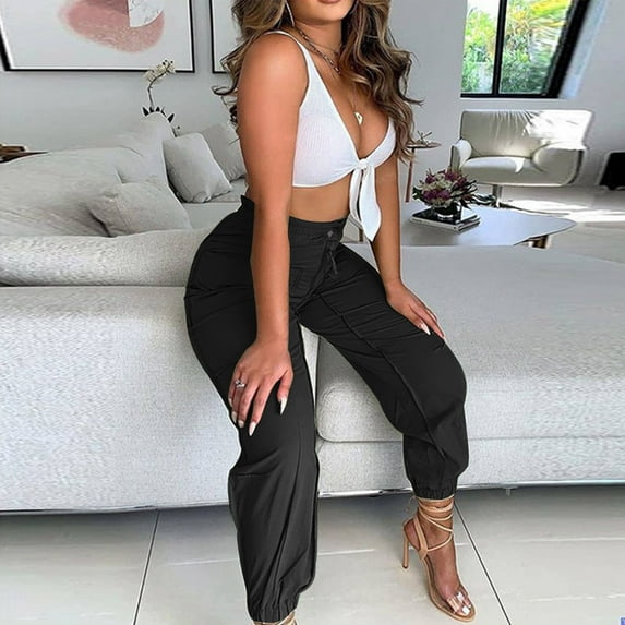 up to 60% off Gifts Usmixi Womens Elastic Waist Trousers Fashion Button Zipper Lightweight Long Pants Solid Straight Thread Stretch Pants with Pocket Black m