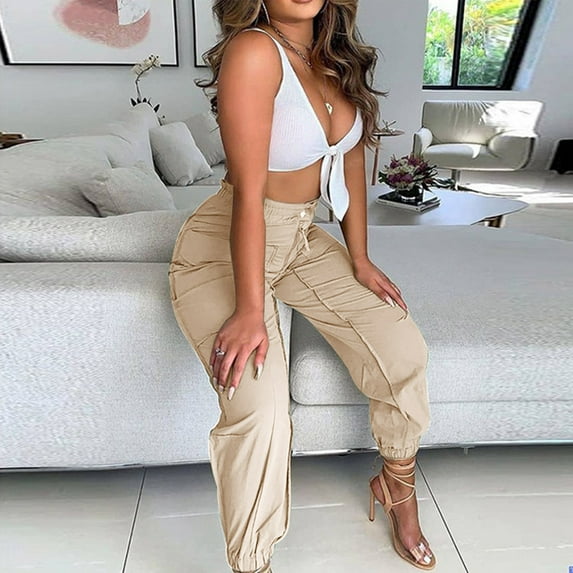 up to 60% off Gifts Usmixi Womens Elastic Waist Trousers Fashion Button Zipper Lightweight Long Pants Solid Straight Thread Stretch Pants with Pocket Khaki XL