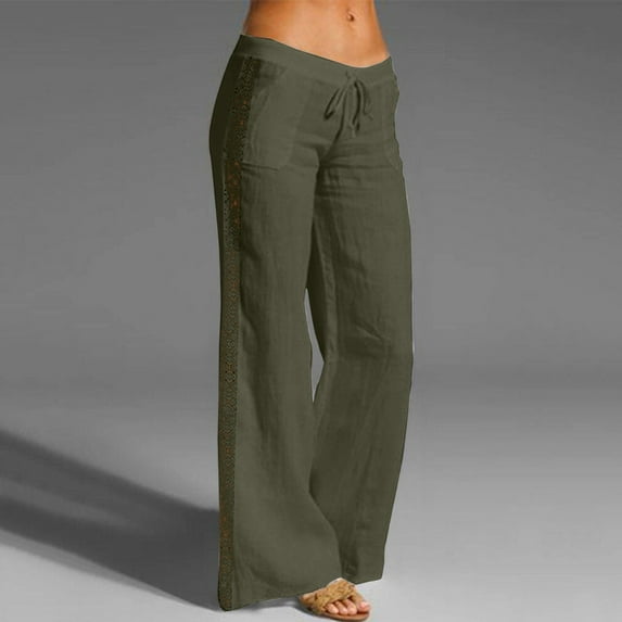 Gifts Usmixi Womens Elastic Waist Trousers Sexy Hollow out Patchwork Loose Straight Long Pants Leisure Solid Cotton Linen Pocket Pants with Drawstring Army Green XXL