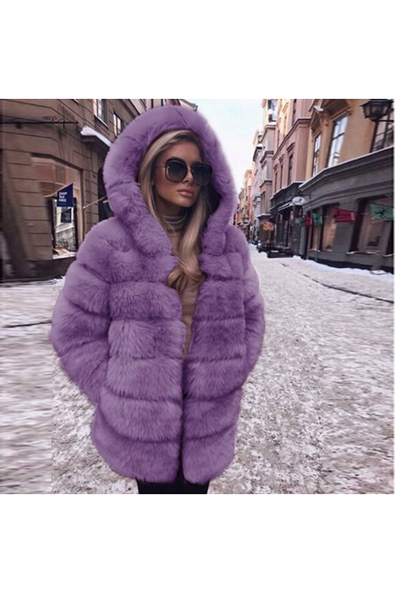 up to 60% off Gifts wycnly Womens Faux Fur Coat Fluffy Plush Coat for Women Casual Solid Plus Size Fuzzy Fleece Hooded Jacket Pocket Long Sleeve Faux Furry Outerwear Winter Faux Fur Coat