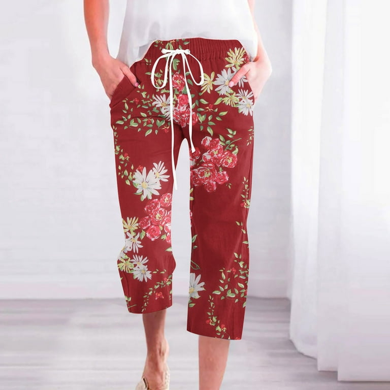 up to 60% off Gifts Usmixi Womens Floral Capri Pants Summer Comfy Cotton  Linen Elastic Waist Drawstring Cropped Trousers Vintage Leopard Print Loose