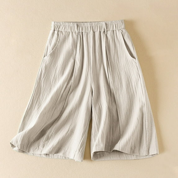 up to 60% off Gifts Usmixi Womens Half Pants Casual Solid Cotton Linen Loose Straight Leg Shorts Ladies Leisure Wear Elastic Waist 1/2 Pants with Pockets Beige XXL
