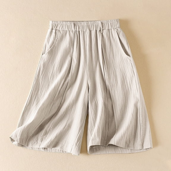 up to 60% off Gifts Usmixi Womens Half Pants Casual Solid Cotton Linen Loose Straight Leg Shorts Ladies Leisure Wear Elastic Waist 1/2 Pants with Pockets Beige l