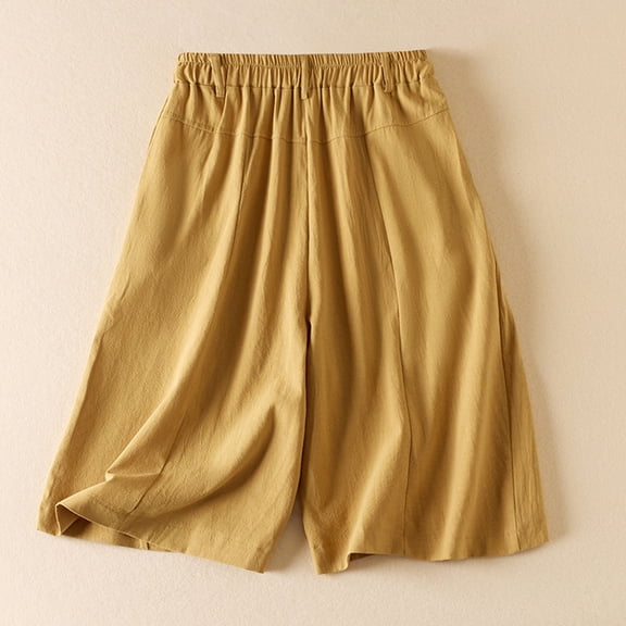 up to 60% off Gifts Usmixi Womens Half Pants Casual Solid Cotton Linen Loose Straight Leg Shorts Ladies Leisure Wear Elastic Waist 1/2 Pants with Pockets Yellow l