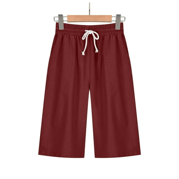 up to 60% off Gifts Usmixi Womens Half Pants Casual Solid Loose Straight Drawstring Elastic Waist Shorts Summer Comfy Cotton Linen Pocket 1/2 Pants Wine XL