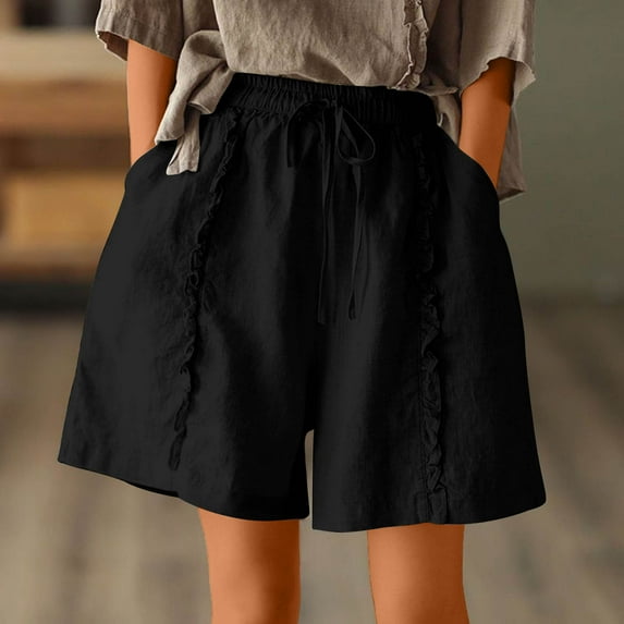 up to 60% off Gifts Usmixi Womens High Waist Drawstring Shorts Casual Solid Plus Size Ruffle Trim Wide Leg Short Pants Summer Breathable Cotton Linen Shorts with Pocket Black l