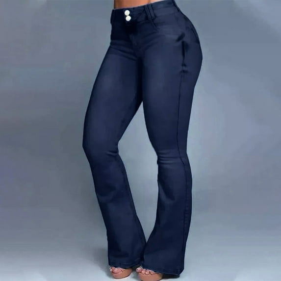 up to 60% off Gifts Usmixi Womens High Waist Jeans Pants Vintage Button Plus Size Stretchy Flared Denim Trousers Casual Solid Denim Pants with Pockets Dark Blue XXXL
