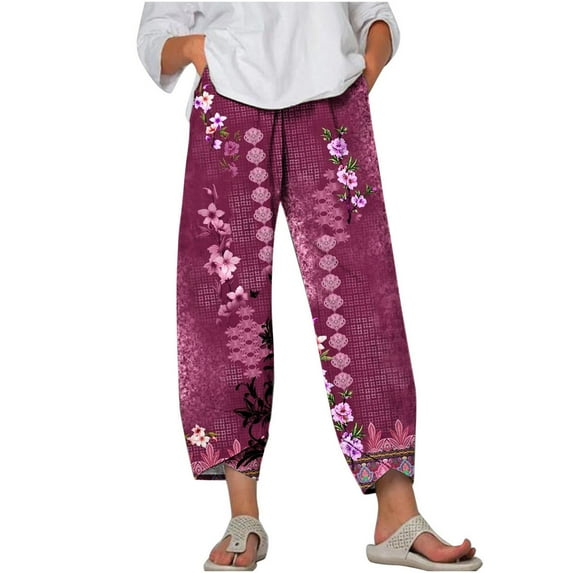 up to 60% off Gifts Usmixi Womens High Waist Pants Vintage Ethnic Style Graphics Plus Size Trousers Loose Irregular Straight Cotton Linen Leisure Long Pants with Pocket Purple l