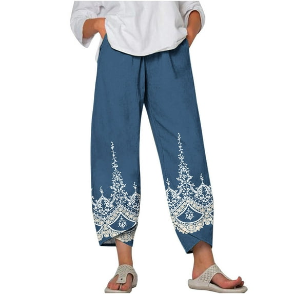 up to 60% off Gifts Usmixi Womens High Waist Pants Vintage Ethnic Style Graphics Plus Size Trousers Loose Irregular Straight Cotton Linen Leisure Long Pants with Pocket Blue s
