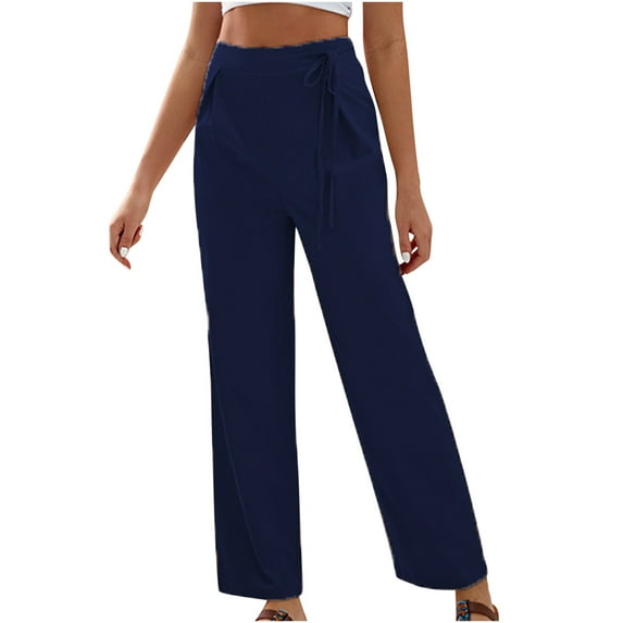 up to 60% off Gifts Usmixi Womens High Waist Trousers Fashion Solid Plus Size Drawstring Wide Leg Long Pants Comfort Lightweight Loose Straight Pants Dark Blue XXL