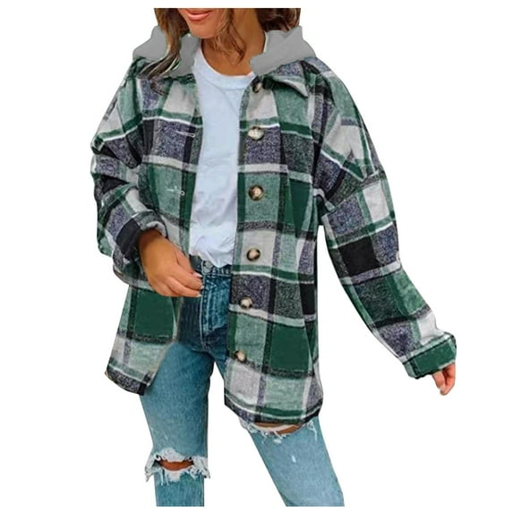 up to 60% off Gifts Usmixi Womens Hooded Jacket Womens Woolen Jacket Fashion Plaid Print Button Down Shirts Coat Long Sleeve Loose Comfy Flannel Shacket Outwear Winter Hooded Jacket