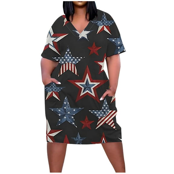 Wycnly Independence Day Dresses for Women 4th of July Plus Size Casual Swing Pocket Tunic Dresses Short Sleeve V-Neck US Flag Print Summer Midi Formal Dress Black xxxxl