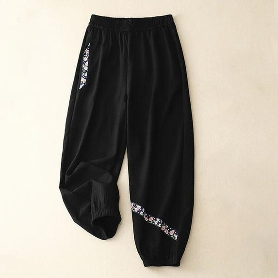 up to 60% off Gifts Usmixi Womens Jogger Pants Vintage Floral Graphics Elastic Waist Cotton Linen Harem Pants Casual Loose Straight Leg Fall Leisure Wear Trousers Black XXL