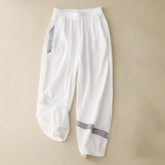 up to 60% off Gifts Usmixi Womens Jogger Pants Vintage Floral Graphics Elastic Waist Cotton Linen Harem Pants Casual Loose Straight Leg Fall Leisure Wear Trousers White l