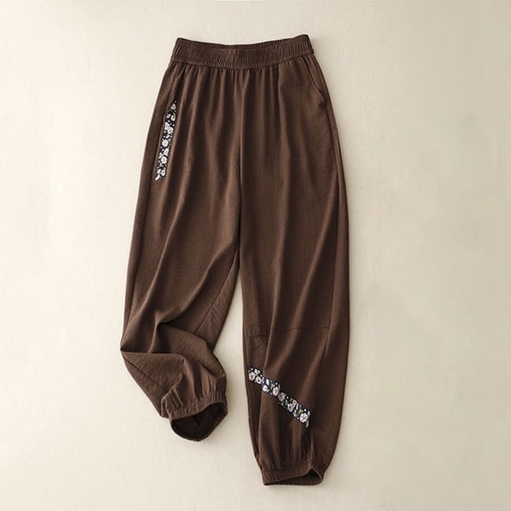 up to 60% off Gifts Usmixi Womens Jogger Pants Vintage Floral Graphics Elastic Waist Cotton Linen Harem Pants Casual Loose Straight Leg Fall Leisure Wear Trousers Coffee l