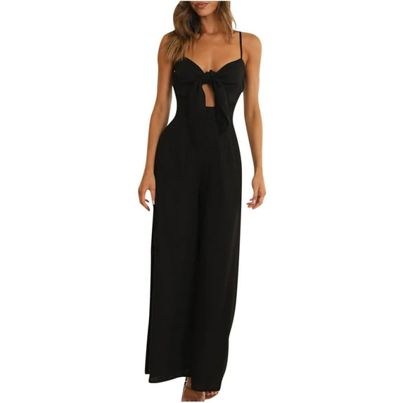 up to 60% off Gifts Usmixi Womens Jumpsuits Evening Party Sexy Cut-out Tie Front Pocket Spaghetti Strap Long Jumpsuits Trendy Solid V-Neck Sleeveless Maxi Summer Rompers Black s