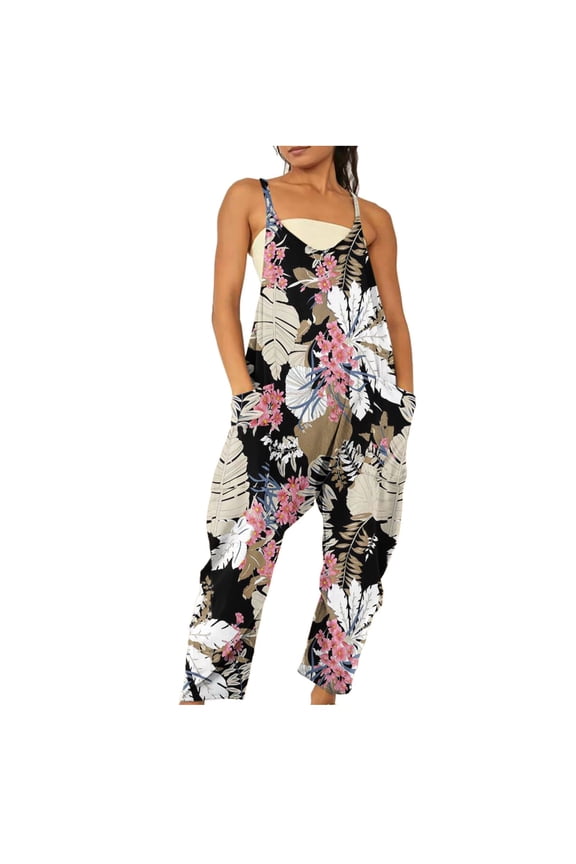 up to 60% off Gifts Usmixi Womens Jumpsuits Loose Wide Leg Spaghetti Strap Long Jumpsuits Overalls with Pocket Casual Leopard Print V-Neck Sleeveless Maxi Summer Rompers Dark Gray s