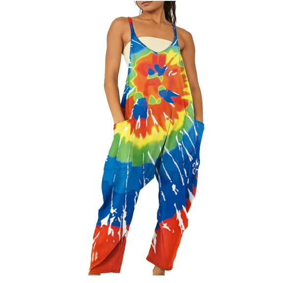 up to 60% off Gifts Usmixi Womens Jumpsuits Wide Leg Loose Overalls Spaghetti Strap Jumpsuits with Pocket Casual Tie-Dye V-Neck Sleeveless Long Summer Rompers Multicolor m