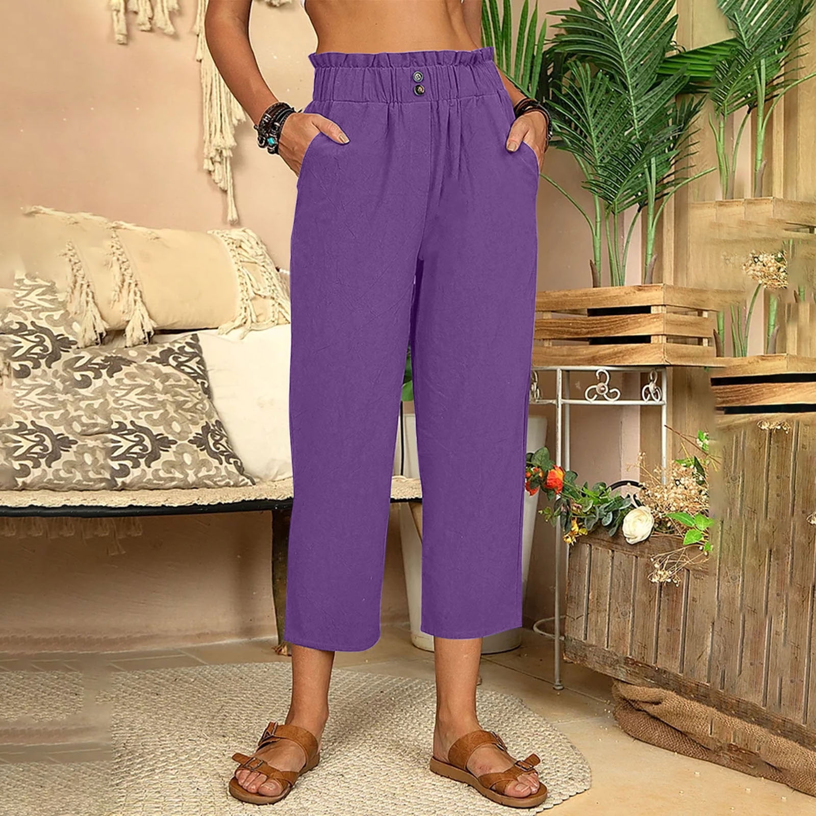 up to 60% off Gifts Usmixi Womens Loose Straight Capris Casual Solid Cotton  Linen Breathable Cropped Trousers Leisure Button Elastic Waist Wide Leg