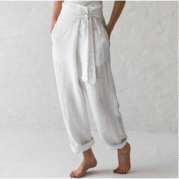 up to 60% off Gifts Usmixi Womens Loose Straight Leg Pants Casual Solid High Waist Plus Size Trousers Comfy Breathable Cotton Linen Leisure Wear Belt Long Pants with Pocket White m