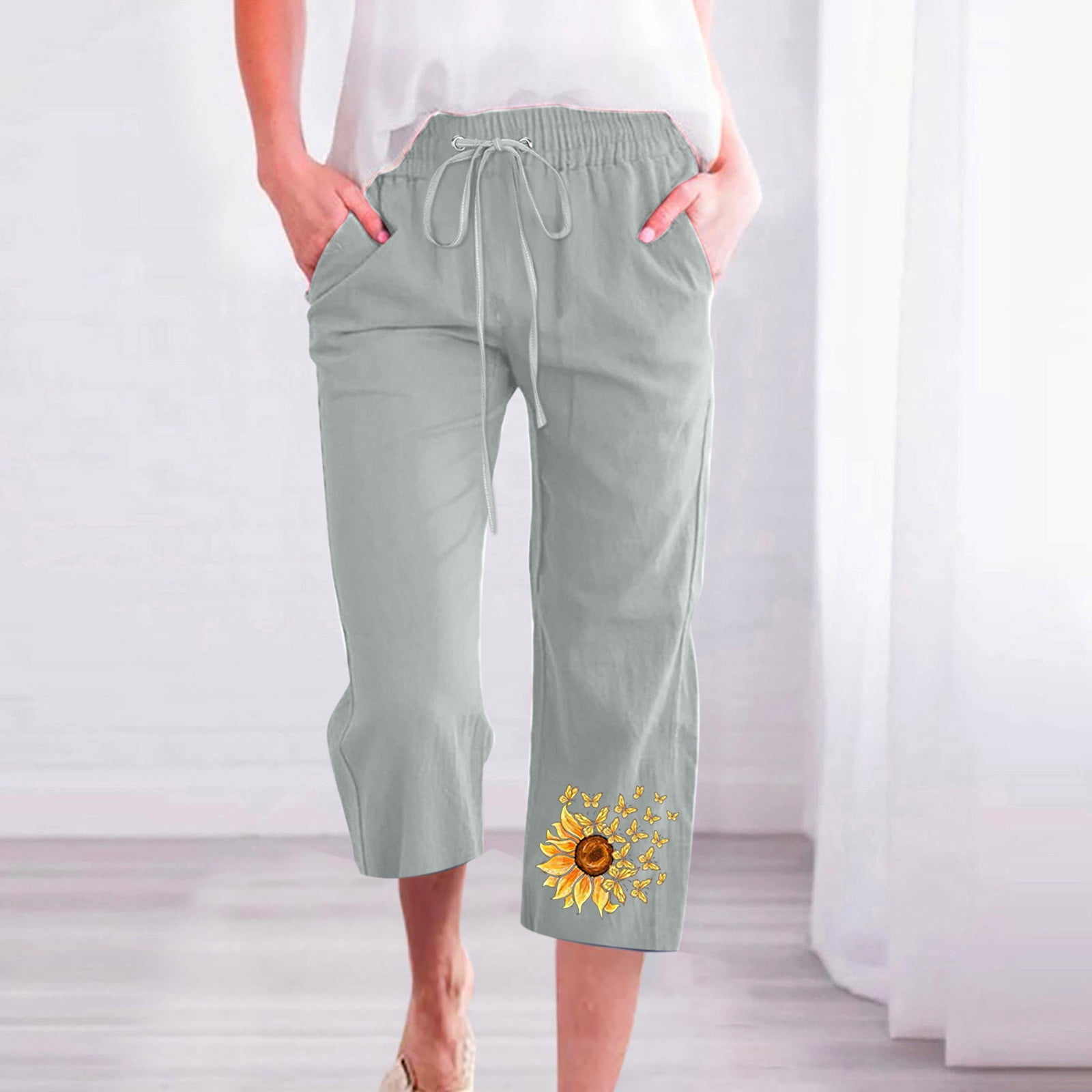 up to 60% off Gifts Usmixi Womens Loose Wide Leg Pants Fashion Sunflowers  Print Plus Size Summer Cropped Trousers Drawstring Elastic Waist 3/4 Pants  with Pocket Beige l 