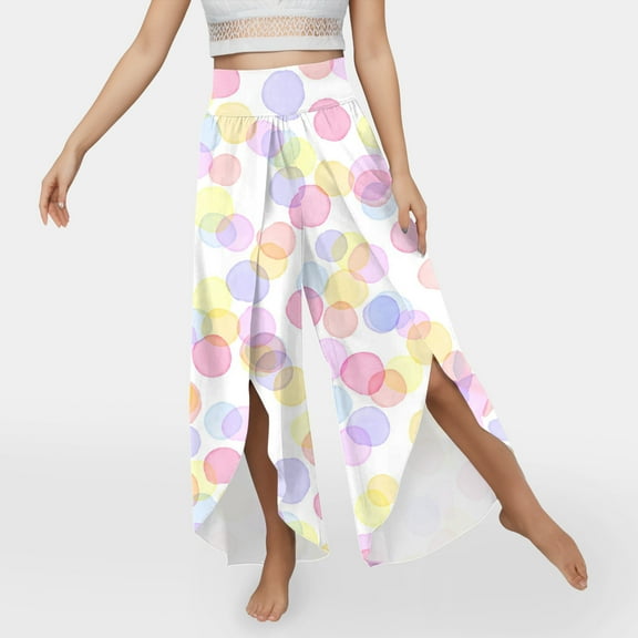 up to 60% off Gifts Usmixi Womens Loose Wide Leg Trousers Workout Sports Lightweight Comfy Slit Long Pants Casual High Waist Dot Print Irregular Hem Pants Beige s