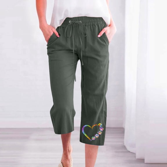 up to 60% off Gifts Usmixi Womens Plus Size Cropped Pants Casual Elastic Waist Cotton Linen Straight 3/4 Trousers Fashion Heart Graphics Pocket Loose Pants Army Green XL