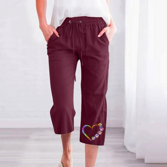 Gifts Usmixi Womens Plus Size Cropped Pants Casual Elastic Waist Cotton Linen Straight 3/4 Trousers Fashion Heart Graphics Pocket Loose Pants Wine m