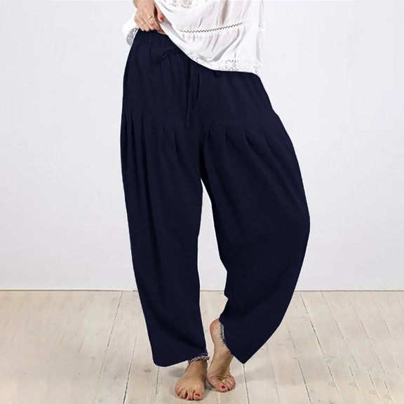 up to 60% off Gifts Usmixi Womens Plus Size Trousers Casual Solid Elastic Waist Drawstring Long Pants Loose Pleated Sports Wide Leg Straight Pants Navy m