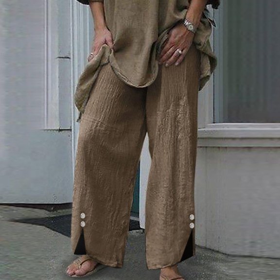 up to 60% off Gifts Usmixi Womens Plus Size Trousers Fashion Irregular Button Straight Cotton Linen Long Pants Elastic Waist Solid Wide Leg Pocket Pants with Drawstring Khaki XL