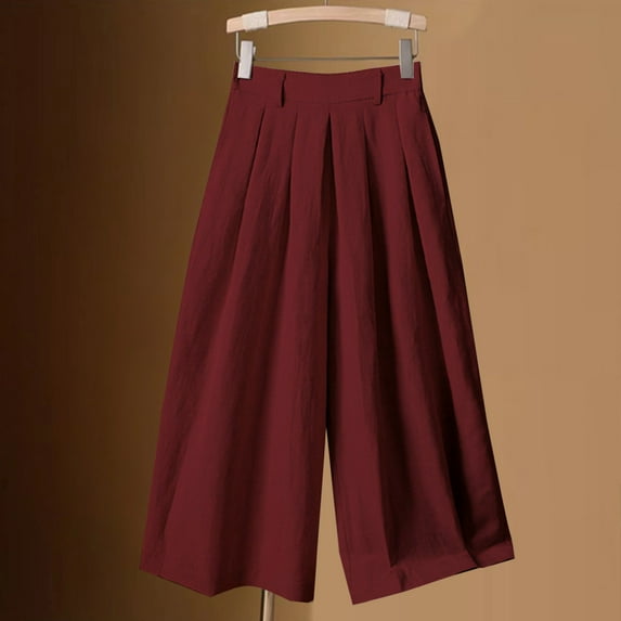 up to 60% off Gifts Usmixi Womens Plus Size Wide Leg Capris Casual Solid Loose Pleated High Waist Cropped Trousers Summer Breathable Cotton Linen 3/4 Pants Red XXL